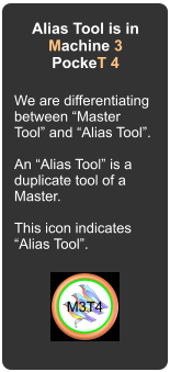 Alias Tool is in Machine 3 PockeT 4 We are differentiating between “Master Tool” and “Alias Tool”.  An “Alias Tool” is a duplicate tool of a Master.   This icon indicates “Alias Tool”. M3T4