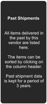 Past Shipments All items delivered in the past by this vendor are listed here.  The items can be sorted by clicking on the column header.  Past shipment data is kept for a period of 3 years.