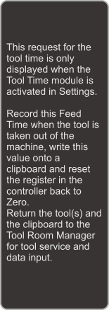 This request for the tool time is only displayed when the Tool Time module is activated in Settings.  Record this Feed Time when the tool is taken out of the machine, write this value onto a clipboard and reset the register in the controller back to Zero. Return the tool(s) and the clipboard to the Tool Room Manager for tool service and data input.