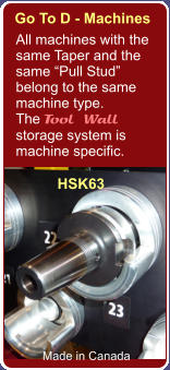 Go To D - Machines All machines with the same Taper and the same “Pull Stud” belong to the same  machine type. The Tool Wall storage system is machine specific. Made in Canada HSK63